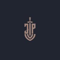 jp logo monogramma con spada e scudo stile design modello vettore