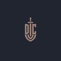 dc logo monogramma con spada e scudo stile design modello vettore