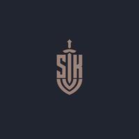 sk logo monogramma con spada e scudo stile design modello vettore