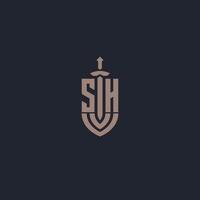 sh logo monogramma con spada e scudo stile design modello vettore
