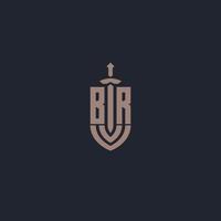 br logo monogramma con spada e scudo stile design modello vettore