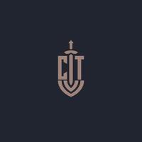 ct logo monogramma con spada e scudo stile design modello vettore