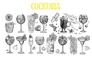 modello di progettazione del menu del cocktail. cocktail alcolici disegnati a mano. vettore