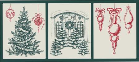 Natale albero impostare, biscotto e Natale sfera, mano disegnato illustrazione. vettore