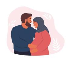 un' coppia di musulmano uomini e donne, in attesa genitori aspettandosi un' bambino. incinta moglie e marito abbraccio. il concetto di famiglia, amore, maternità. vettore grafica.