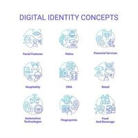 digitale identità blu pendenza concetto icone impostare. biometrico tecnologia idea magro linea colore illustrazioni. personale informazione. isolato simboli. vettore