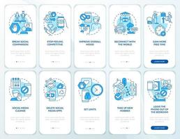 gioco e sociale Rete dipendenza blu onboarding mobile App schermo impostare. Procedura dettagliata 5 passaggi grafico Istruzioni pagine con lineare concetti. ui, ux, gui modello. vettore