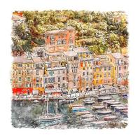 illustrazione disegnata a mano di schizzo dell'acquerello di portofino italia vettore