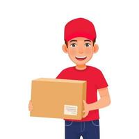 giovane bello consegna servizio uomo nel rosso berretto maglietta uniforme Tenere scatola pacco vettore