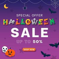 carino pubblicità Halloween cartone animato in linea marketing promozione vendita su per 50 piazza ragnatela bandiera invito carta vettore viola sfondo cranio, zucca, Jack o lanterna, pipistrello, ragno ragnatela negozio adesso pulsante