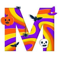 contento Halloween m alfabeto festa font tipografia personaggio cartone animato spaventoso orrore con colorato 3d strato carta ritagliare genere design celebrazione vettore illustrazione cranio zucca pipistrello strega cappello ragno ragnatela