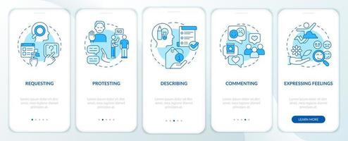 funzionale comunicazione blu onboarding mobile App schermo. Procedura dettagliata 5 passaggi grafico Istruzioni pagine con lineare concetti. ui, ux, gui modello. vettore