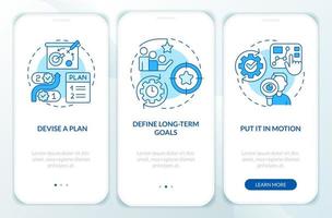 pianificazione blu onboarding mobile App schermo. attività commerciale strategia Procedura dettagliata 3 passaggi modificabile grafico Istruzioni con lineare concetti. ui, ux, gui modello. vettore