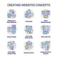 la creazione di siti web concetto icone impostare. apprendimento ragnatela sviluppo idea magro linea colore illustrazioni. qualità contenuto, design. isolato simboli. modificabile ictus. vettore