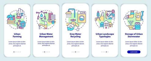 acqua e biodiversità nel verde urbanistica onboarding mobile App schermo. Procedura dettagliata 5 passaggi grafico Istruzioni pagine con lineare concetti. ui, ux, gui modello. vettore