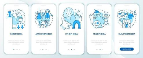 maggior parte Comune fobie blu onboarding mobile App schermo. ansia disturbo Procedura dettagliata 5 passaggi grafico Istruzioni pagine con lineare concetti. ui, ux, gui modello. vettore