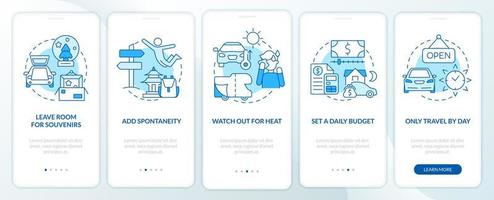 strada viaggio consigli blu onboarding mobile App schermo. auto viaggio Procedura dettagliata 5 passaggi modificabile grafico Istruzioni con lineare concetti. ui, ux, gui modello. vettore