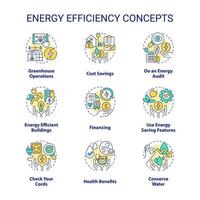 energia efficienza concetto icone impostare. elettricità e energia conservazione. sostenibilità idea magro linea colore illustrazioni. isolato simboli. modificabile ictus. vettore