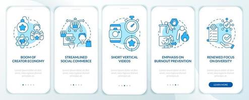 sociale media tendenze blu onboarding mobile App schermo. marketing Procedura dettagliata 5 passaggi modificabile grafico Istruzioni con lineare concetti. ui, ux, gui modello. vettore