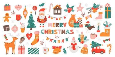 grande Natale impostato di festivo simboli e design elementi. carino piatto illustrazione nel mano disegnato stile su bianca sfondo vettore