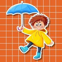 simpatico personaggio dei cartoni animati del ragazzo che tiene lo stile dell'autoadesivo dell'ombrello vettore
