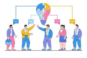 incontro, discussione o conferenza per ottenere soluzione, brainstorming per creare idee, cooperazione lavoro di squadra concetti. uomini d'affari squadra collegamento pezzi di cervello sega puzzle discorso bolla in uno vettore