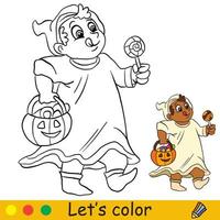 Halloween bambini colorazione con modello un' ragazzo nel un' fantasma costume vettore