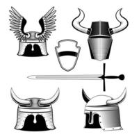 impostato cornuto del cavaliere casco, scudo e spada. design elementi nel il vettore