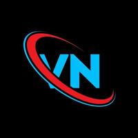vn logo. vn design. blu e rosso vn lettera. vn lettera logo design. iniziale lettera vn connesso cerchio maiuscolo monogramma logo. vettore