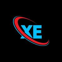 xe logo. xe design. blu e rosso xe lettera. xe lettera logo design. iniziale lettera xe connesso cerchio maiuscolo monogramma logo. vettore
