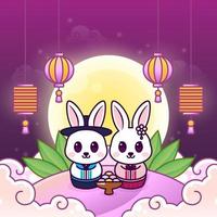 contento Chuseok con carino coppia coniglio illustrazione vettore