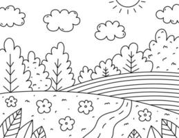 carino bambini colorazione pagina. paesaggio con nuvole, alberi, cespugli, fiori, campo e strada. vettore disegnato a mano illustrazione nel scarabocchio stile. cartone animato colorazione libro per bambini.