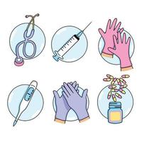 icone adesivi adesivi adesivi su il tema di medicina siringa pillole termometro ospedale medico malattia adatto per sito web design o App bandiera vettore