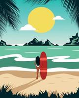 vettore estate illustrazione vacanza nel il tropici ragazza con un' tavola da surf su il spiaggia su il sfondo di il oceano e montagne