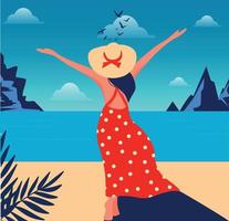 vettore illustrazione di emozioni di felicità e gioia di un' ragazza nel estate su vacanza a piedi lungo il spiaggia sabbia per il oceano nel un' bikini e un' cappello per prendere il sole e nuotare