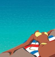 vettore illustrazione nel il estate nel il piscina un' abbronzato ragazza senza un' viso su il spiaggia nel un' giallo costume da bagno nel un' bellissimo posa è riposo su vacanza