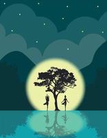 vettore illustrazione di un' luminosa naturale notte paesaggio di un' ragazza fare yoga e meditazione su il sfondo di un' paesaggio di montagne e un' grande luminosa Luna