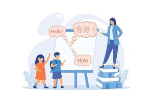 minuscolo le persone, insegnante e bambini nel campo apprendimento inglese e Cinese. linguaggio apprendimento campo, estate linguaggio programma, imparare straniero le lingue concetto. piatto vettore moderno illustrazione