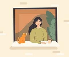 carino donna con sua gatto guardare su di Aperto finestra e potabile caldo bere. ragazza con animale domestico soggiorno casa e respirazione fresco aria. isolato vettore piatto cartone animato illustrazione