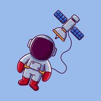 carino astronauta galleggiante con satellitare cartone animato vettore illustrazione. cartone animato stile icona o portafortuna personaggio vettore.