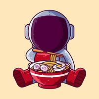 carino astronauta mangiare ramen cartone animato vettore illustrazione. cartone animato stile icona o portafortuna personaggio vettore.
