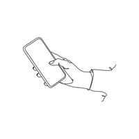 continuo linea disegno di persona Tenere smartphone, mano Tenere smartphone vettore