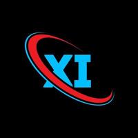 xi logo. xi design. blu e rosso xi lettera. xi lettera logo design. iniziale lettera xi connesso cerchio maiuscolo monogramma logo. vettore