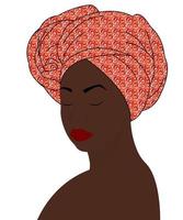 ritratto di un' bellissimo africano donna nel un' turbante. africano donna con un' luminosa sciarpa su sua testa. keniano donna con colorato sciarpa. vettore design per striscione, aviatore