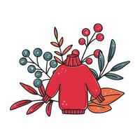 mano disegnato creativo con a maglia maglione, fogliame e frutti di bosco vettore