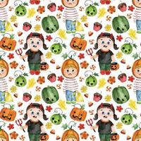 acquerello disegno, Halloween senza soluzione di continuità modello. Stampa con carino bambini nel Halloween costumi. zucche, dolci, autunno le foglie su un' bianca sfondo. vettore