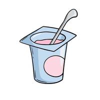 leggero Aperto piccolo plastica vaso con rosa frutta Yogurt e cucchiaio, copia spazio, in stile cartone animato vettore su bianca sfondo