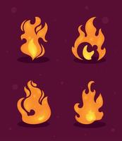 fuoco fiamme quattro icone vettore