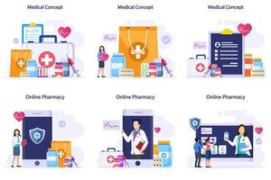 piatto vettore illustrazione farmacia e medico concetto, aiuto, assistenza sanitaria, farmacia, medicinale.