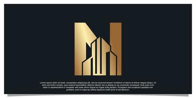 monogramma logo design iniziale lettera n per attività commerciale con edificio d'oro colore concetto premio vettore